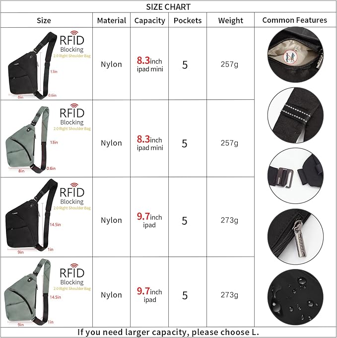 Travel Sling Bag with RFID Pocket, Anti Theft Crossbody Bag for Women Men Casual Chest Outdoor Shoulder Hiking Bag