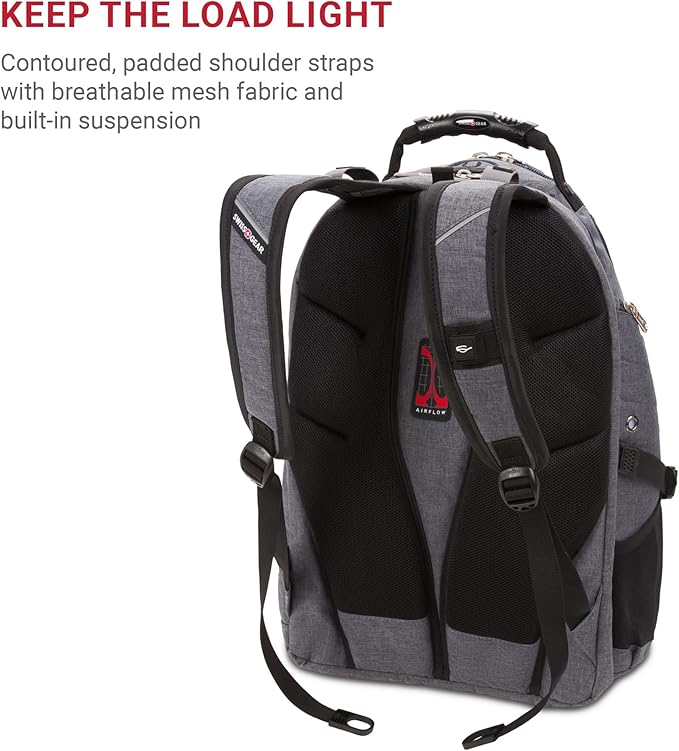 SwissGear 1900 ScanSmart 17” Laptop Backpack Grey Heather – Reflective Tech Backpack with ScanSmart Compartment – Multiple Organizer Pockets & RFID Scan Blocking Technology