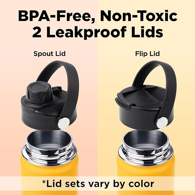 ThermoProof Insulated Water Bottle – Stainless Steel, Wide Mouth, Flip & Spout Lids, Leakproof, Dishwasher Safe, Reusable – Keeps Drinks Hot or Cold – for Adults & Kids – 18oz, Amber