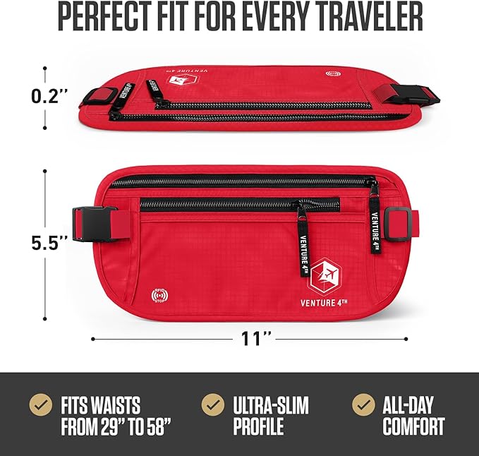 VENTURE 4TH Money Belt for Travel – Slim Hidden Under-Clothes RFID Blocking Anti-Theft Passport Holder & Travel Wallet Pouch for Men & Women to Protect Cash, Cards & Documents (Red)