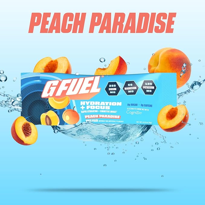 G Fuel Electrolytes Powder for Instant Hydration and Focus | Sugar Free, Peach Flavor, Electrolyte and Nootropic Drink Mix to Sharpen Mental Focus, 20 Servings