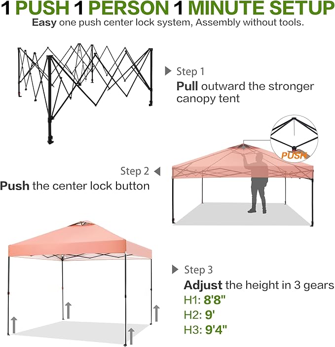 10'x10' Pop Up Canopy Tent with 1 Sidewall and 6 Pockets, One Push Setup, Instant Shade Tent with Vented Roof for Beach Patio Outdoor, Case, 8 Stakes, 4 Ropes, 4 Sandbags (Ocher, 10x10)