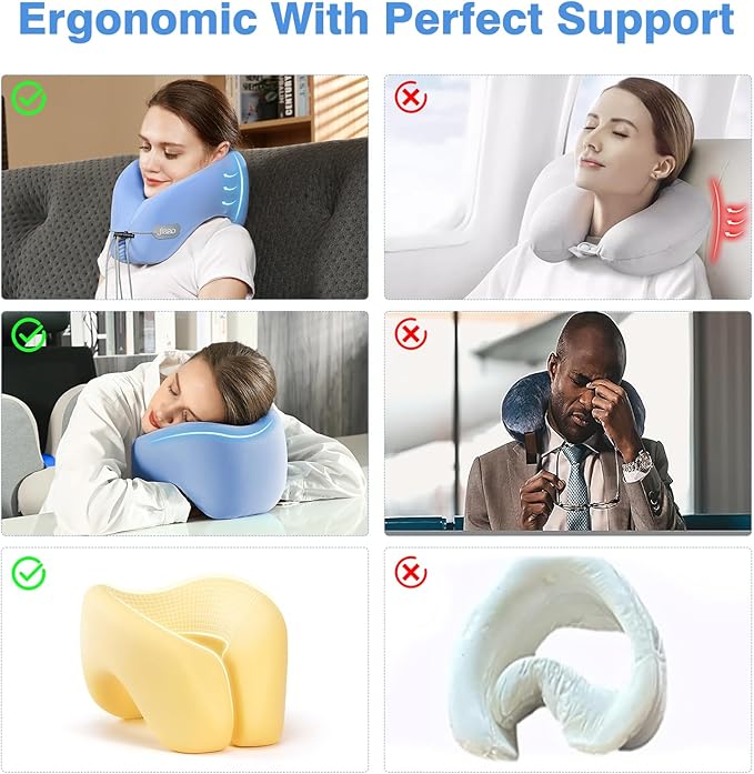 Neck Pillow Airplane, 2025 Upgraded Memory Foam Travel Pillow for International Flights, Adjustable Clasp, Storage Bag, Advanced Neck Support for Road Trips, Home, Office, and Gaming