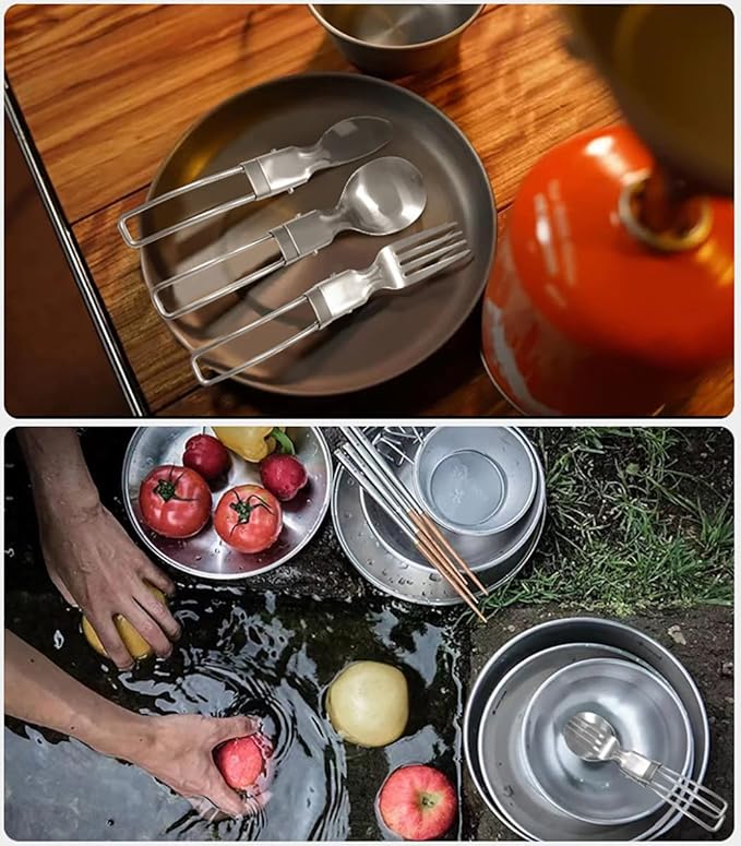 Camp Flatware Sets - Stainless Steel Spoon Fork Knife & Nylon Storage Bag - Foldable + Locking Handle - Ultralight Utensils for Backpacking/Hiking/Camping - 3oz