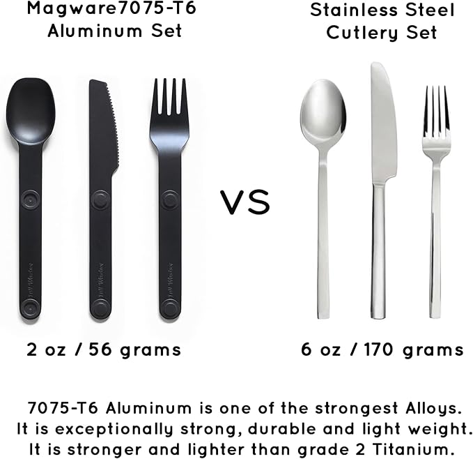 FULL WINDSOR - MAGWARE Magnetic Camping Cutlery Set - Travel Utensils for Camping, Cooking, and Outdoor Dining - Knife, Fork & Spoon - Portable Silverware with Pouch for Backpacking - Black (3 PCS)