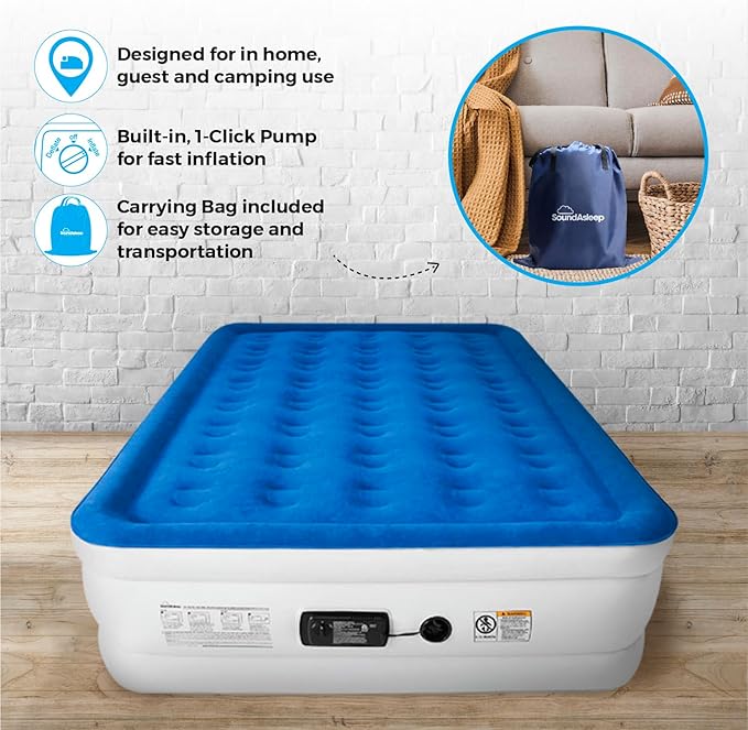 SoundAsleep Products Dream Series Luxury Air Mattress, ComfortCoil Technology, Built-in High Capacity Pump for Home, Camping- Double Height, Adjustable, Inflatable Blow Up, Portable (Queen Size)