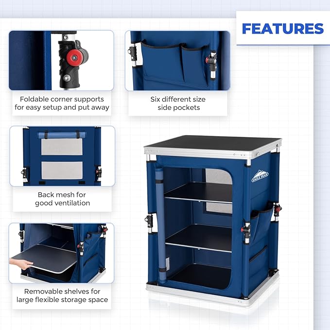 EAGLE PEAK Outdoor Folding Camping Table with Large 3-Tier Storage Organizer and Side Pockets, Easy Set Up Portable Aluminum Camping Kitchen, Blue