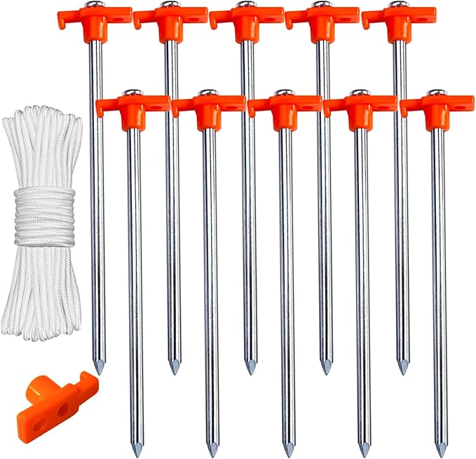 ABCCANOPY 15 Inch Tent Stakes 10 Pcs Non-Rust Metal Ground Anchors, Heavy Duty Spikes with 4 Ropes for Outdoor Camping, Orange