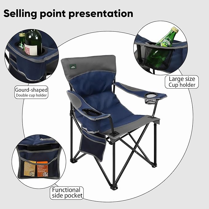 Oversized Folding Camping Chair,Heavy Duty Padded Portable Lawn Chair,Soft&Comfortable,Tear-Resistant Fabric,w/2Extra Large Cup Holder,Storage Pocket,Carry Bag,Outdoor Beach Garden Fishing.Dark Blue