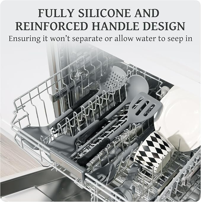 Kikcoin 43Pcs Large Kitchen Utensils Set - Silicone Cooking Utensils Set, Dishwasher Safe Spatula Set for Non-stick Cookware, 446°F Heat Resistant Kitchen Utensils Set with Holder BPA Free, Grey