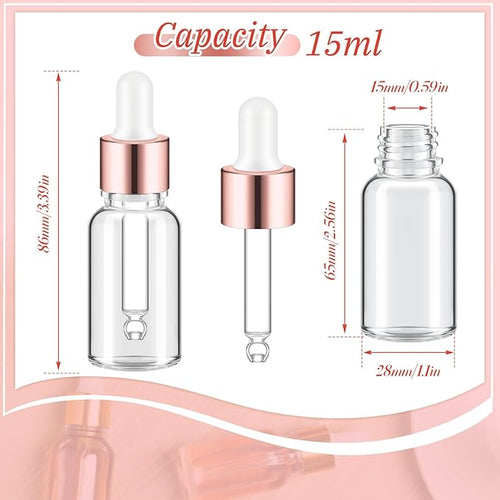 100 Pcs Mini Glass Oil Dropper Bottle Bulk, Clear Essential Small Empty Bottles Sample Containers Perfume Liquid Vials with Cap for Traveling (15 ml,Rose Gold)