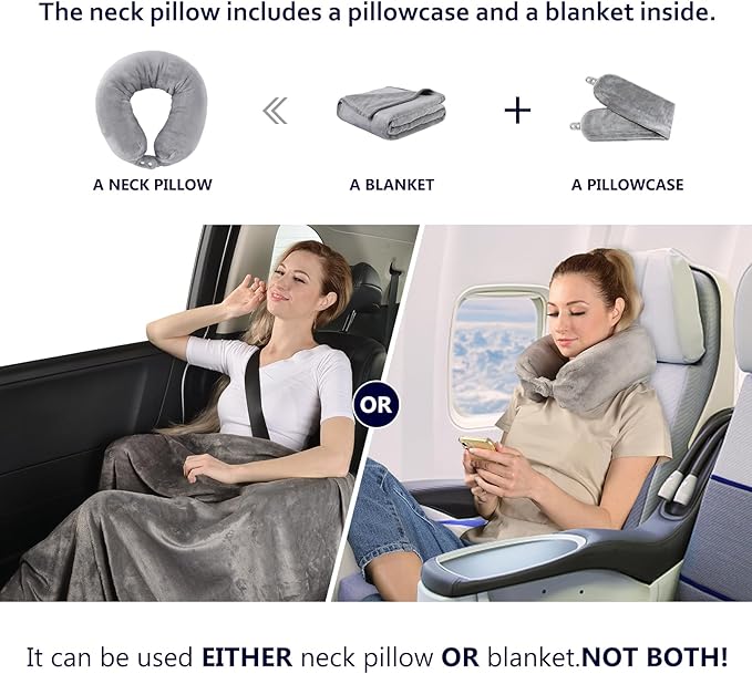 2 in 1 Travel Blanket, Soft Warm Blanket with Cozy Neck Pillow Case, Portable Blanket Set for Airplane, Camping, Car (Grey)