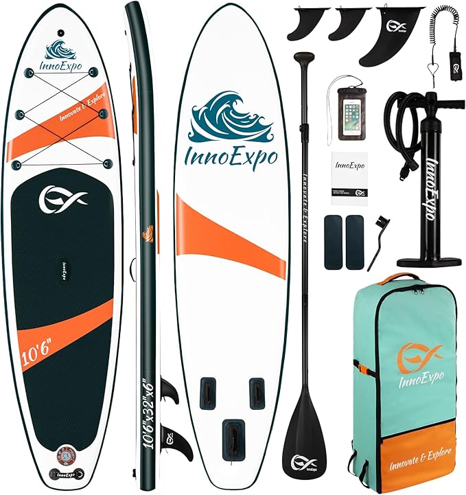 InnoExpo Inflatable Stand Up Paddle Boards with Premium Accessories, Wide Stable SUP Paddle Board Design, Non-Slip Comfort Deck for Youth & Adults