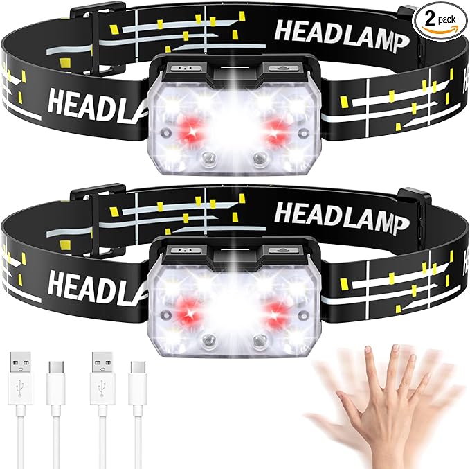 Lsnisni Headlamp Rechargeable 2 Pack, 2000 Lumen Ultra-Light Bright LED Head Lamp with White Red Light, 10 Modes, Motion Sensor, Hook, Waterproof Forehead Flashlight for Camping Hiking Cycling