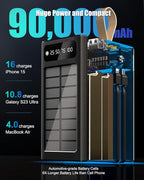 90000mAh Power Bank 35W Fast Charging with Solar Charger,Built-in USB-C/Lightning Cables High Capacity Portable Charger for Camping,Travel,Emergencies,Tech Devices| 9-Port PD/USB-C, LED Flashlight