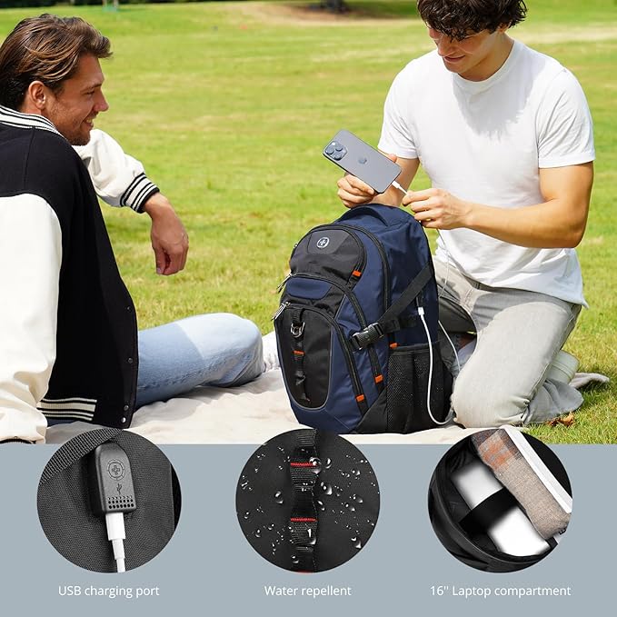 Swissdigital Design Laptop Backpack, Travel Backpack with USB Charging Port Fits 15.6 inches Computer, 31L College School Bookbag for Men, Blue/Black | SD803-12