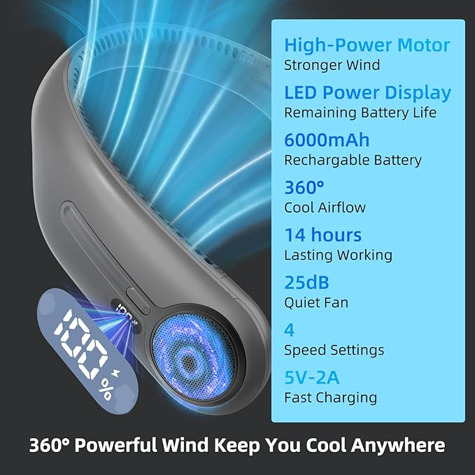 Portable Neck Fan,Hands Free Personal Wearable Bladeless Fan,6000mAh USB Rechargeable,360° Cooling,LED Display,4-Speeds,Birthday Gifts for Men Women Dad Mom,Outdoor Indoor Travel Camping (Dark grey)