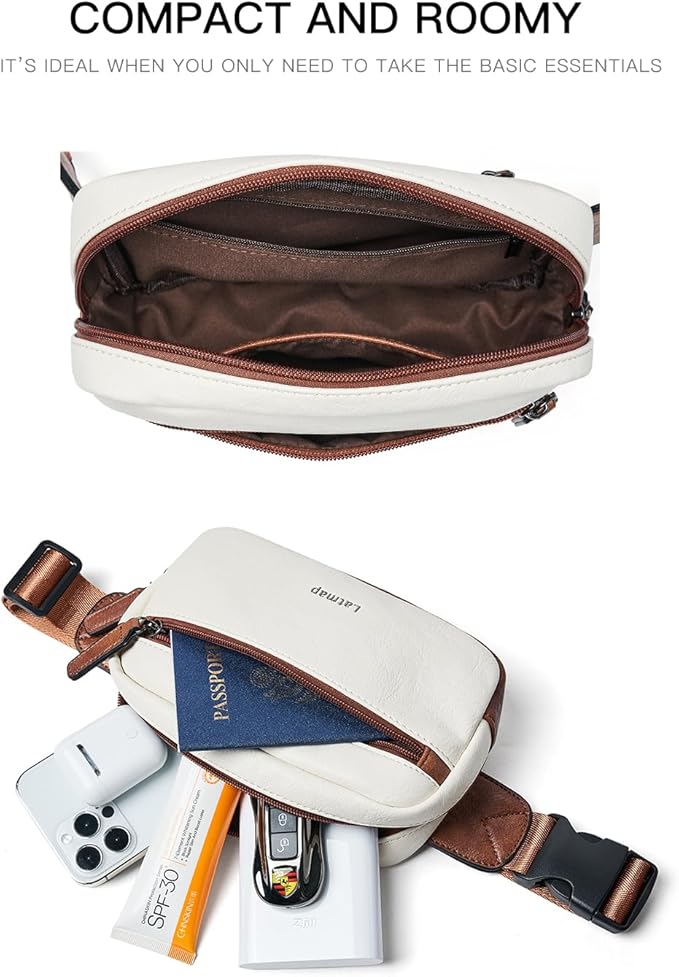 LATMAP 2L Fanny Packs Everywhere Belt Bag Small Fashion Crossbody Waist Pack Faux Leather Waterproof Sling Chest Bag For Women Trendy Beige
