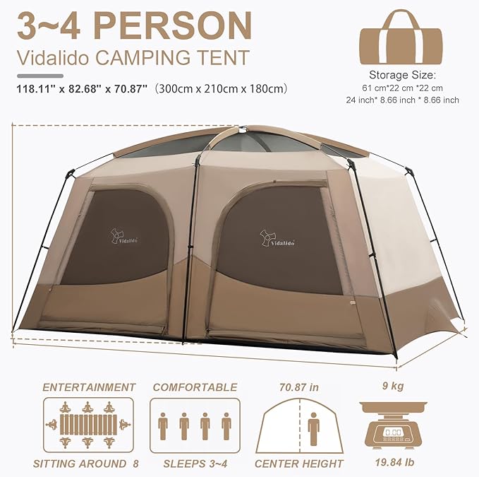 Vidalido Tents，3-4 Person Camping Tent with Extended Vestibule，Weather Resistant Family Tents with Breathable Mesh Windows，Easy Install Waterproof Outdoor Tent for Backpacking and Camping Hiking