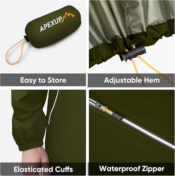 APEXUP Packable Rain Jacket Men with Reflective Zipper, Lightweight Waterproof Raincoat, Mens Rain Jacket for Outdoor Sports