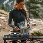 Adjustable 2 Burner Portable Camping Stove Propane (16000 BTU) with Camping Grill and Carrying Bag, Folding Propane Stove,Gas Camping Stove with Piezo Ignition for Camping, Backyard BBQ, Black