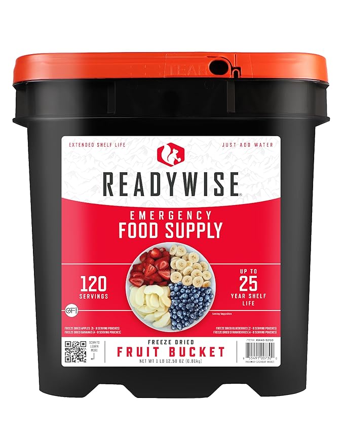 ReadyWise Emergency Food Supply - 120 Servings Fruit Bucket, Nutritious Meals, Dehydrated & Freeze Dried Food for Backpacking, Camping Essentials & Disaster Prepping Supplies, up to 25 Year Shelf Life