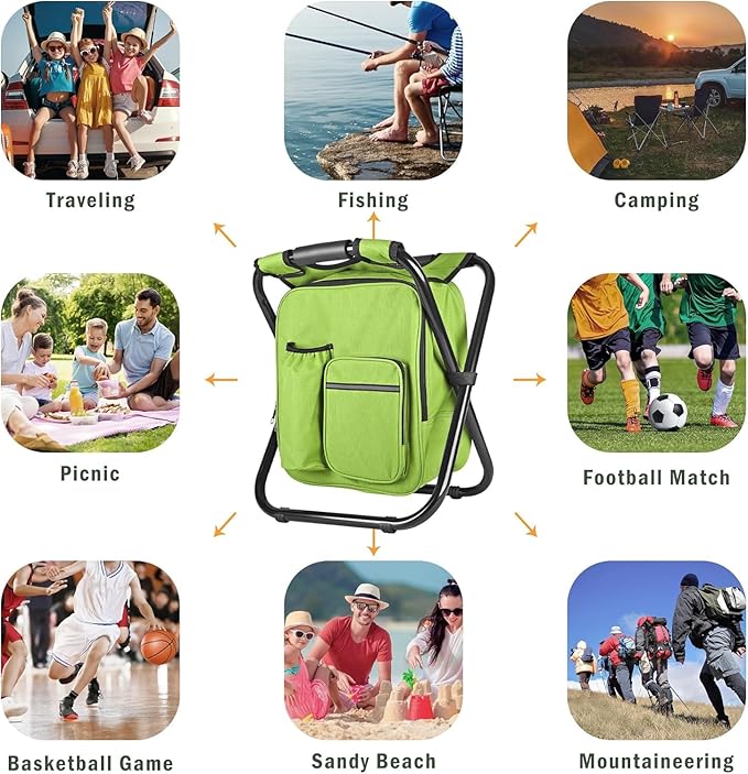 Kikerike Backpack Stool Cooler Chair Heavy Duty 400 LBS Max Load Portable Lightweight Stool Backpack Folding Fishing Cooler Seat for Camping Hunting Fishing - Grass Green