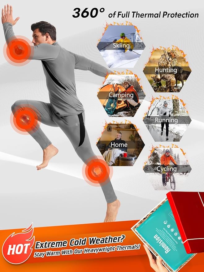 romision Thermal Underwear for Men Long Johns Fleece Lined Hunting Gear Bottom Top Set Base Layer for Cold Weather Gift