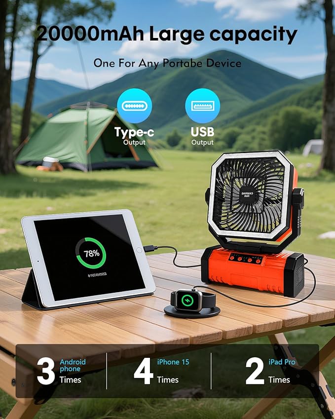 Camping Fan with Bluetooth Speaker Portable Fan,20000mAh Rechargeable Battery Powered Fans, 360° Hanging Hook for Outdoor Picnic Tent Beach Travel Barbecue, Orange