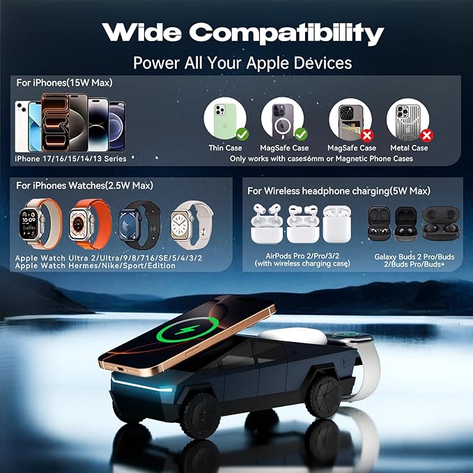 CyberDock 3-in-1 Wireless Charging Station for iPhone with Car Model 1:25 Scale, Qi2 Certified Mag-Safe Charger for iPhone iWatch AirPods, Rotating Charger with Ambient Light, 30W Adapter, Deep Blue