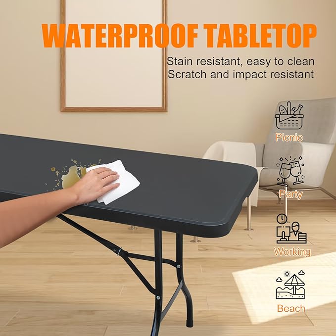 8 FT Folding Table with Carry Handle, Portable Fold-in-Half Plastic Table, Rectangle Foldable Table for Indoor/Outdoor Black