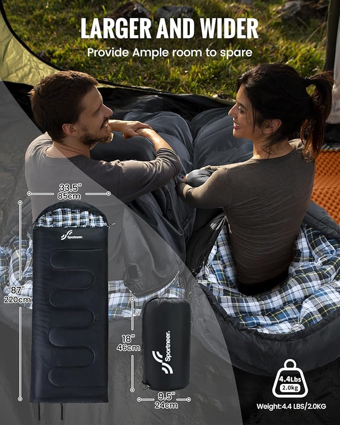 Sportneer Sleeping Bags for Adults, 0 Degree Sleeping Bag XL Flannel Winter Cold Weather Sleeping Bag with Detachable Hood Compression Sack for Camping, Backpacking, Hiking