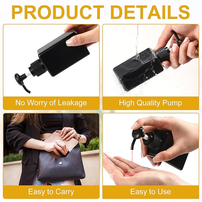 Domensi 6 Pcs 100ml /3.4 oz Pump Bottle Mini Travel Bottles Small Dispenser Containers Plastic Pump Lotion Dispenser Empty Square Travel Size Containers Toiletries (Whole Black)