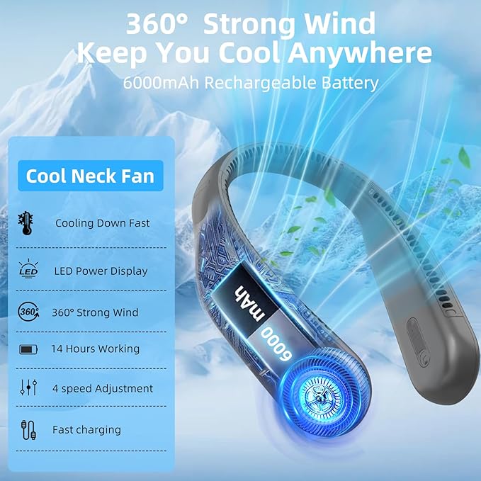 Portable Neck Fan,Hands Free Personal Wearable Bladeless Fan,6000mAh USB Rechargeable,360° Cooling,LED Display,4-Speeds,Birthday Gifts for Men Women Dad Mom,Outdoor Indoor Travel Camping (Dark grey)
