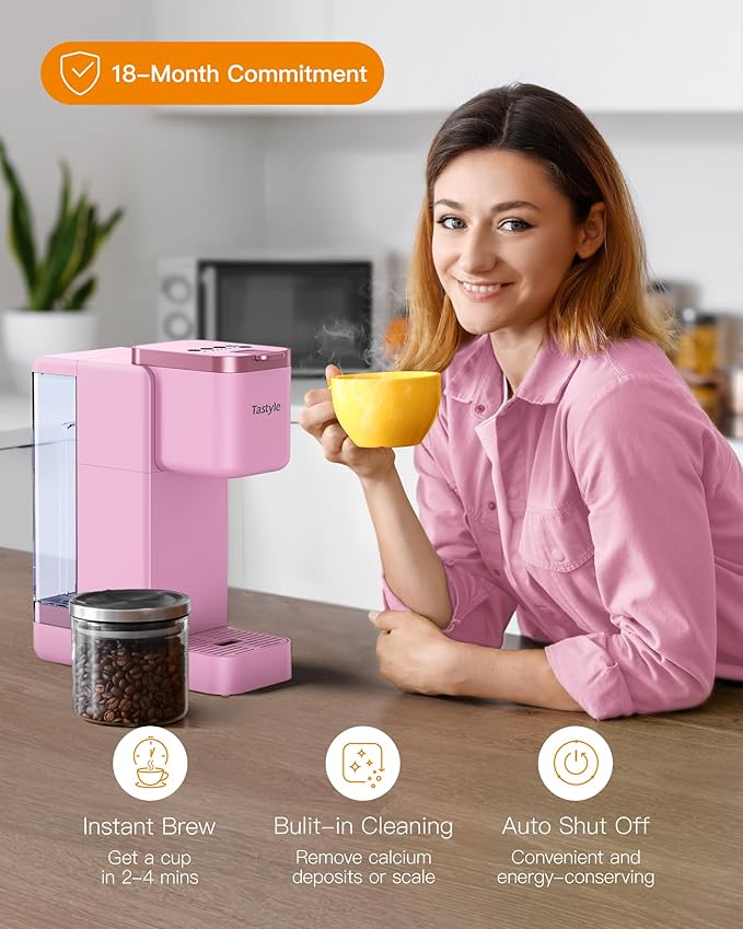 Single Serve Hot & Iced Coffee Maker with Strong Brew, 40oz Removable Reservoir, 6 Brew Sizes, Compatible with K Cup and Grounds, Compact for Home, Office, RV and Dorm, Pink (2.0 Version)