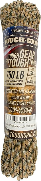 TOUGH-GRID Paracord Rope 750 lbs Nylon Parachute Cord, Made in USA Survival Kit, Outdoor Adventures, Camping, Tactical Gear & Emergency Supplies, Military Type IV Mil-Spec