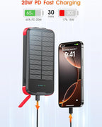 Solar Charger Power Bank, PD 20W Fast Charging External Batter, 40000mAh Portable Phone Charger Built in 4 Cables with Dual Bright Flashlights for Camping, Hiking, and Outdoor Use（RED）