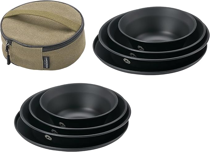 CAMPINGMOON 8pcs Camping Mess Kit Φ4.7"~Φ7" Bowls Plates Black BKS395-2S
