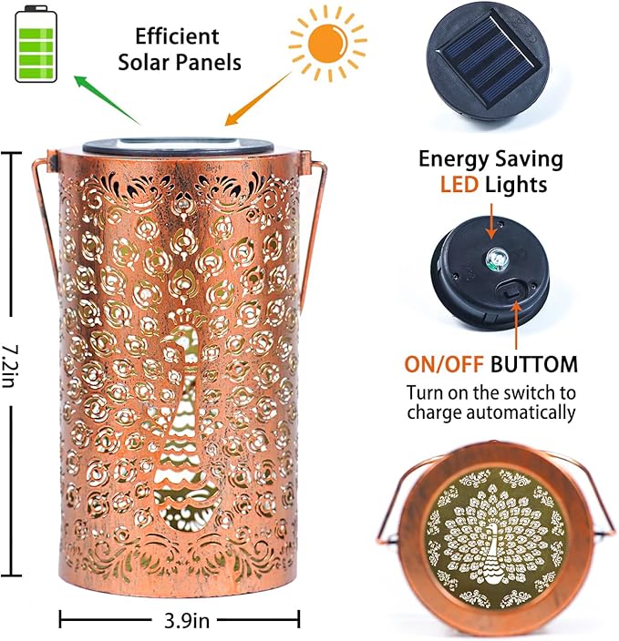 Peacock Solar Lanterns Outdoor Waterproof Hanging Solar Lights Peacock Gifts for Women Men Metal Decorative LED Lanterns for Yard, Patio, Lawn, Tabletop, Pathway, Landscape, Garden Decor