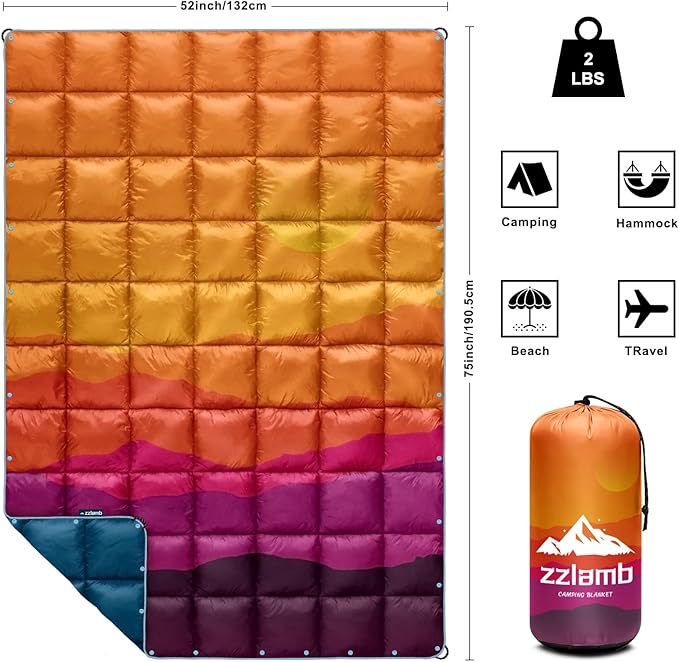 zzlamb Camping Blanket, Outdoor Lightweight Travel Blanket Puffy Portable Down Alternative, Windproof Warm Cloak with Snaps, Cozy Quilt Backpacking Picnic RV Plane Car Hammock Beach Climbing