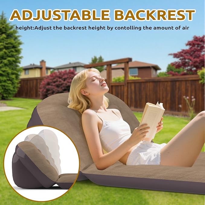 Inflatable Camping Air Mattress with Adjustable Backrest-Inflatable Lounge Sofa Chair Single Portable Bed for Home or Outdoor Relaxing