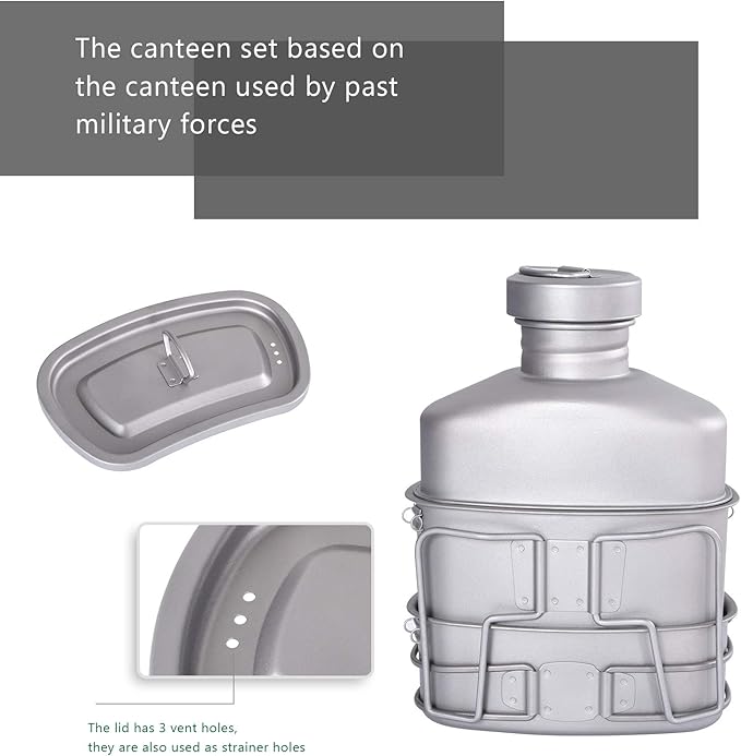 Boundless Voyage 750ml+400ml Titanium Military Mess Kit Ultralight Camping Cookware Set with Folding Handle & Hanging Rope Portable Canteen Cup for Outdoor Cooking, Hiking, Survival Ti2048C