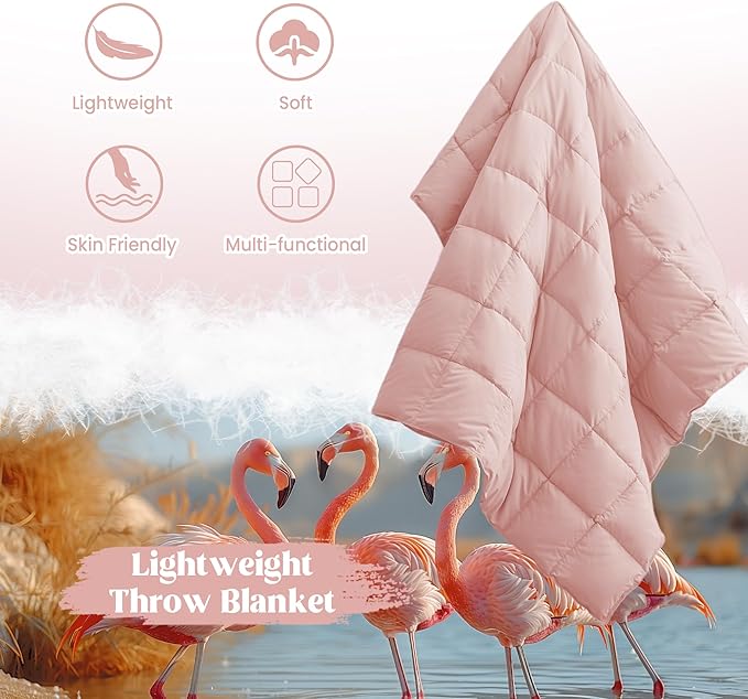 puredown® Soft Feather Down Throw Blanket Lightweight Packable Couch Throw for Indoor and Outdoor Use, 50"X70", Pink