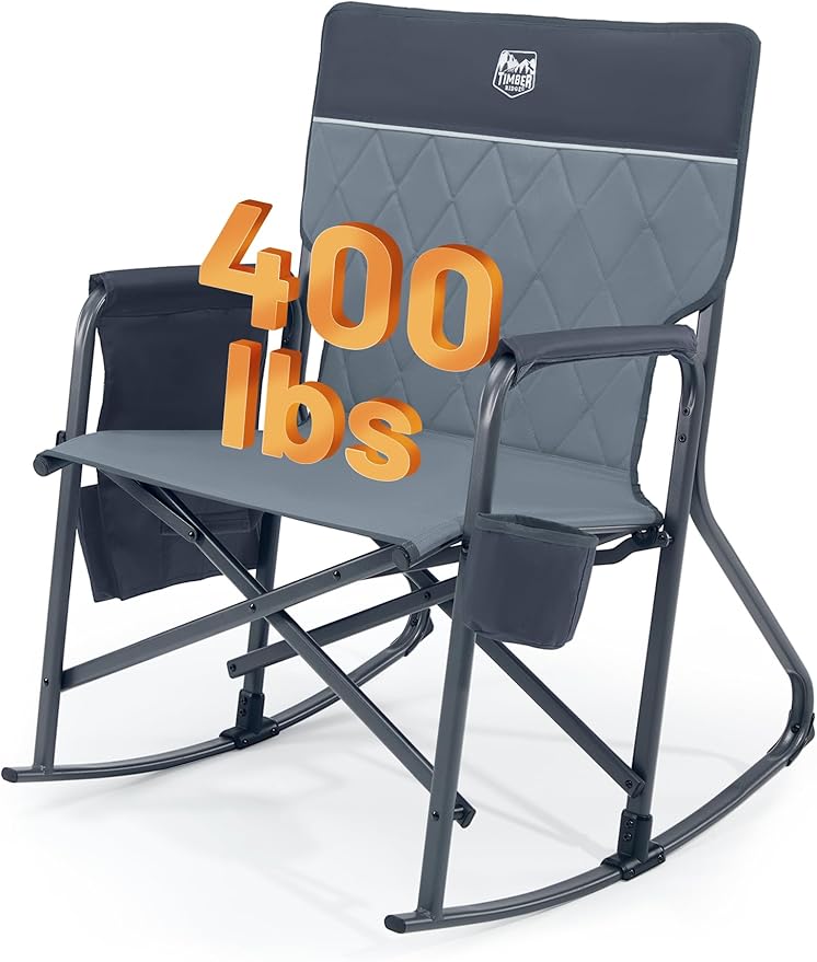 TIMBER RIDGE Folding Oversized Rocking Camping Chair, 400lbs Capacity Portable Outdoor Rocker with Hard Armrests, Cup Holder & Side Pocket, Quick-Fold Design for Outdoor, Patio, Lawn, Gray