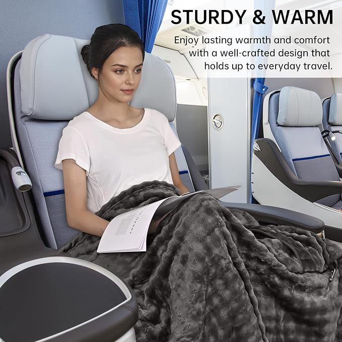 Travel Blanket and Pillow-2-in-1, Ultra-Soft&Compact, One-Piece Airplane Blanket with Hand Luggage Belt and Backpack Clip,Travelers Accessories Gifts, 61x43 Inches (Dark Grey)