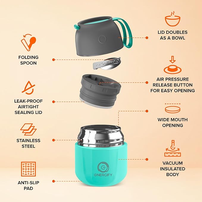 ENERGIFY Vacuum Insulated Food Jar. Large 12oz Bowl incl. Folding Spoon, Cup. Wide Mouth Keep Hot & Cold Drinks Soup Lunch Container for Adults. BPA-Free Stainless Steel, Leak Proof Mint Green