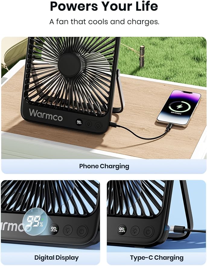 Warmco 20000mAh 8-inch Portable Camping Desk Fan, [15-48H Working Hours] Ultra-thin LED Light Rechargeable Battery Powered Travel Fan for Outdoor, Indoor, Cruise Essentials 2025