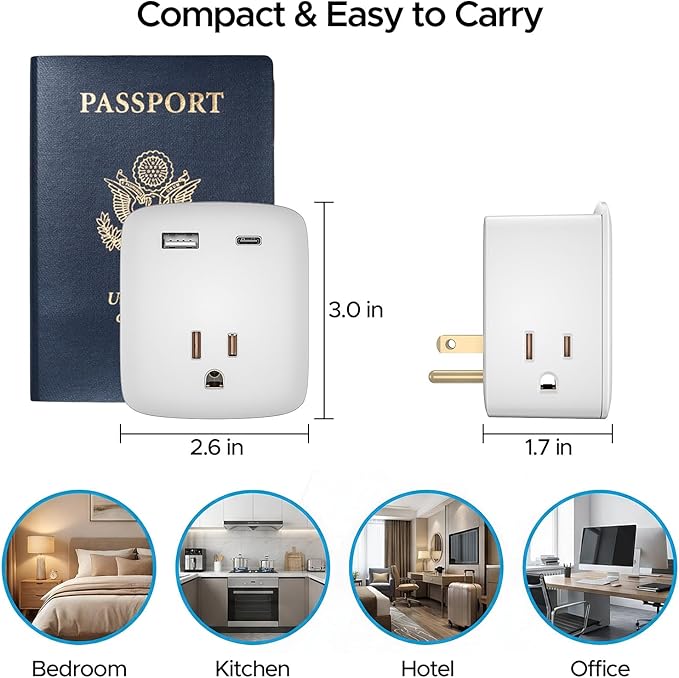 3 Pack Cruise Ship Approved Outlet Extender, Non Surge Protector Power Strip with 3 AC Outlets & 2 USB (1 USB-C), Multi Plug Adapter, Travel Cruise Essentials, ETL Listed.