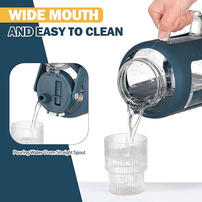 BLUEGO Water Bottle 64 oz Tumbler with Lid and Straw, Glass Water Bottle with Straw, Water Tumbler with Handle Half Gallon Water Jug Large Waterbottle for Daily Water Intake, BPA Free, Dark Blue