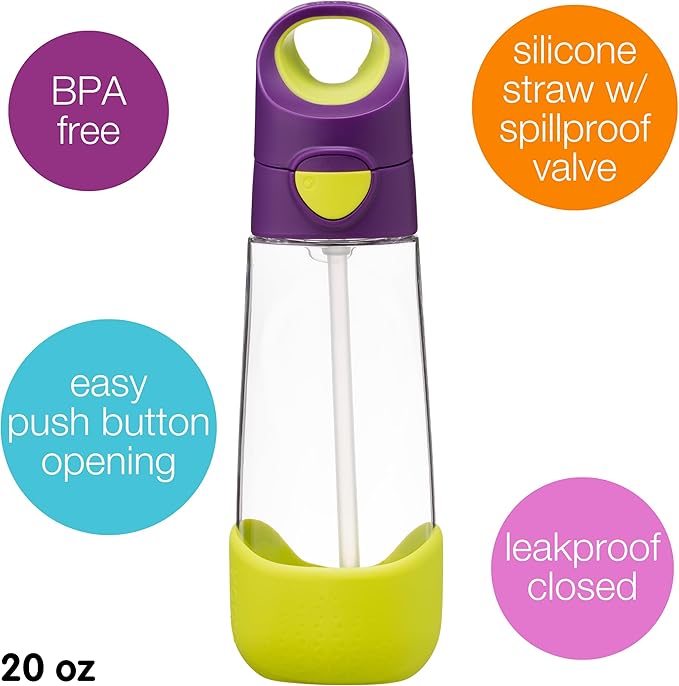 b.box Kids Water Bottle – 20oz Tritan Toddler Drink Bottle with Straw for School, Daycare, Travel w/Easy-Grip Triangular Design, Leak Proof Lid & Handle, BPA Free, Dishwasher Safe (Passion Splash)